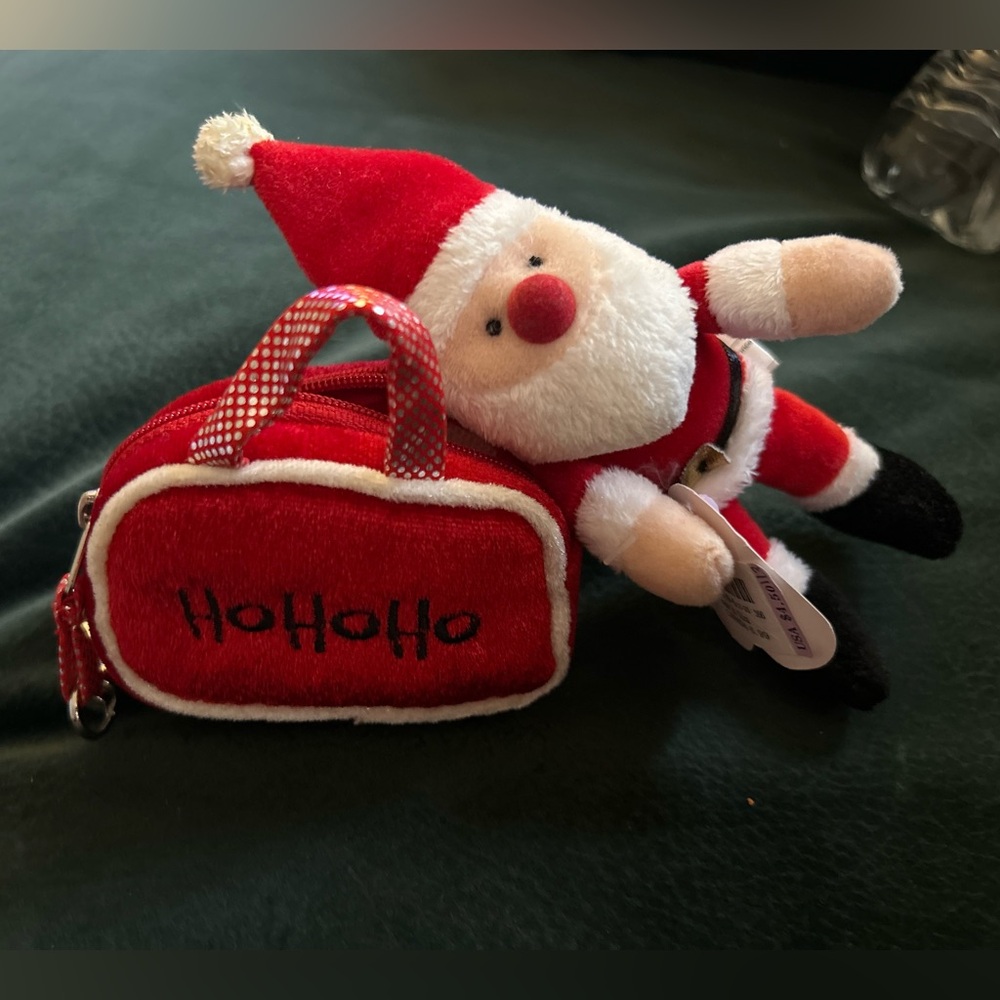 Fancy Pals Festive Red Santa Plush ornament with HoHoHo Bag with clasp on zipper